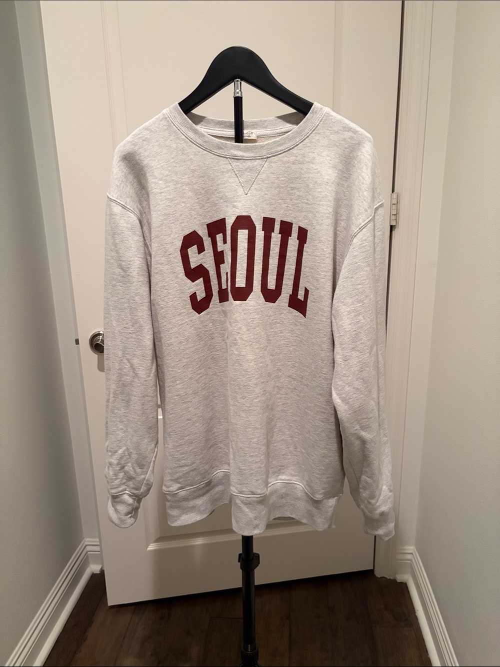Brandy Melville Gray Crewneck Sweatshirt with Maroon "Seoul" Lettering